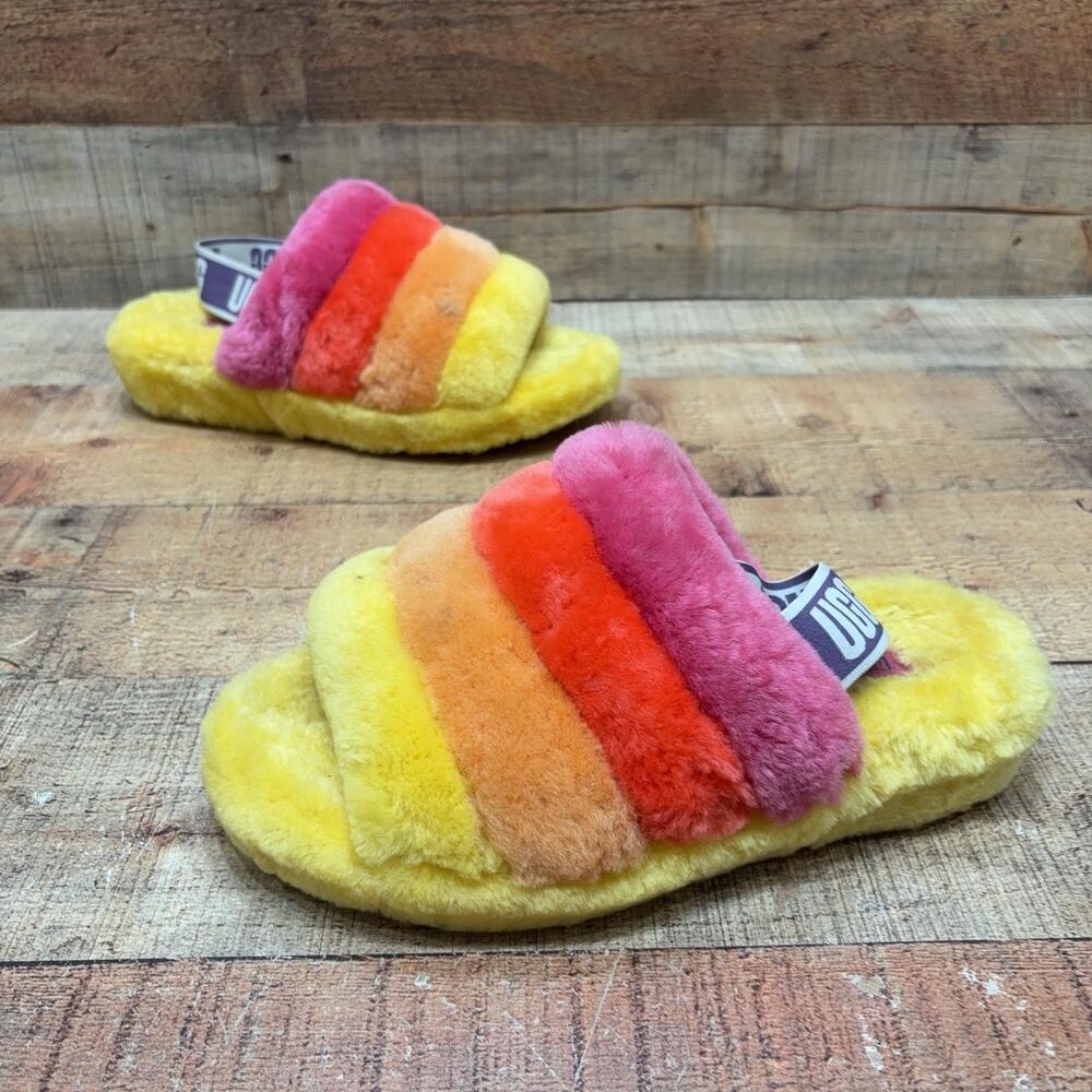 UGG Fluff Yeah Slide Slippers Womens Size 8 39 Rainbow Fuzzy Shearling Shoes